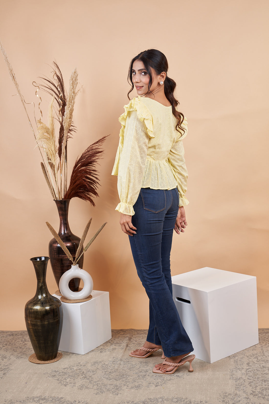 RY Self Design Puff Sleeves Schiffli Cinched Waist Top for Casual /Gift For Her