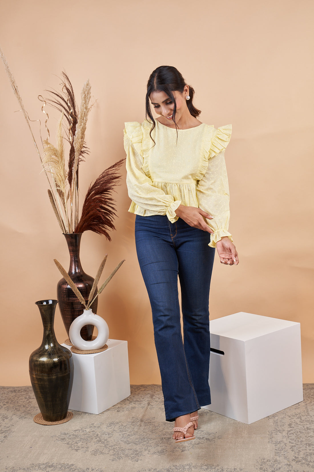 RY Self Design Puff Sleeves Schiffli Cinched Waist Top for Casual /Gift For Her