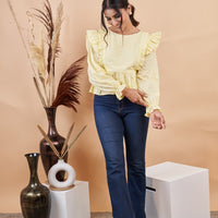 RY Self Design Puff Sleeves Schiffli Cinched Waist Top for Casual /Gift For Her