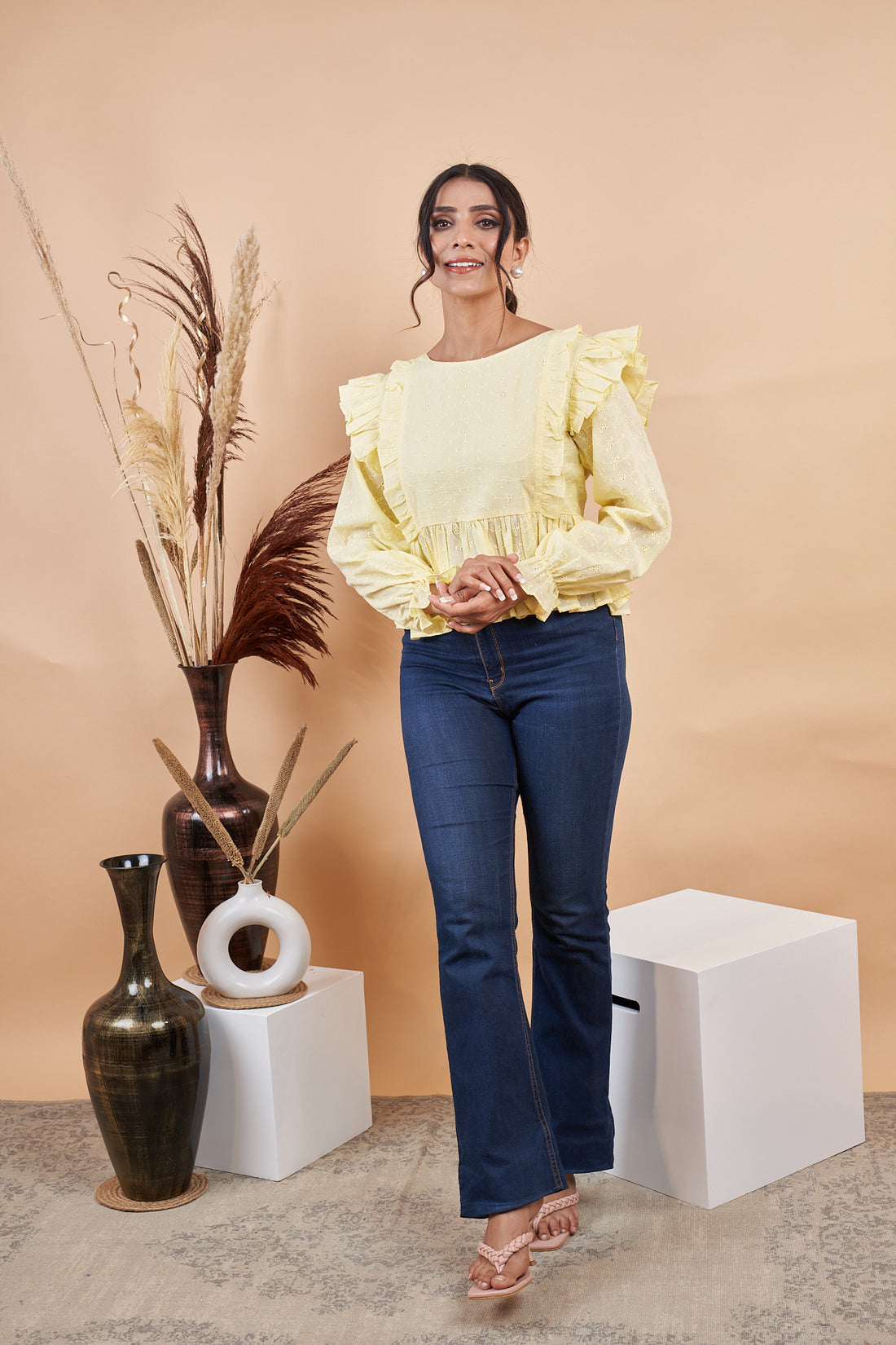 RY Self Design Puff Sleeves Schiffli Cinched Waist Top for Casual /Gift For Her