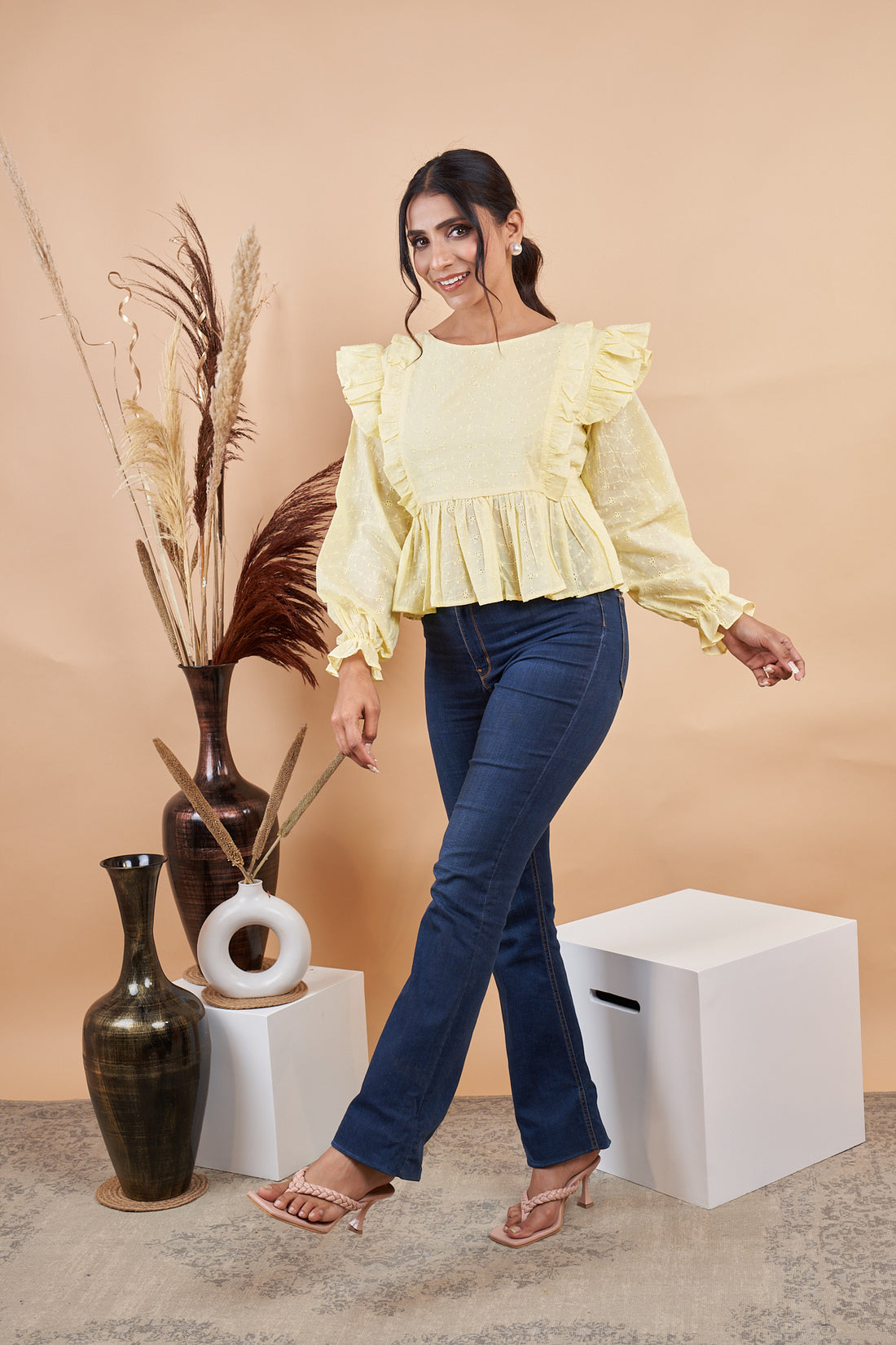 RY Self Design Puff Sleeves Schiffli Cinched Waist Top for Casual /Gift For Her