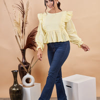 RY Self Design Puff Sleeves Schiffli Cinched Waist Top for Casual /Gift For Her