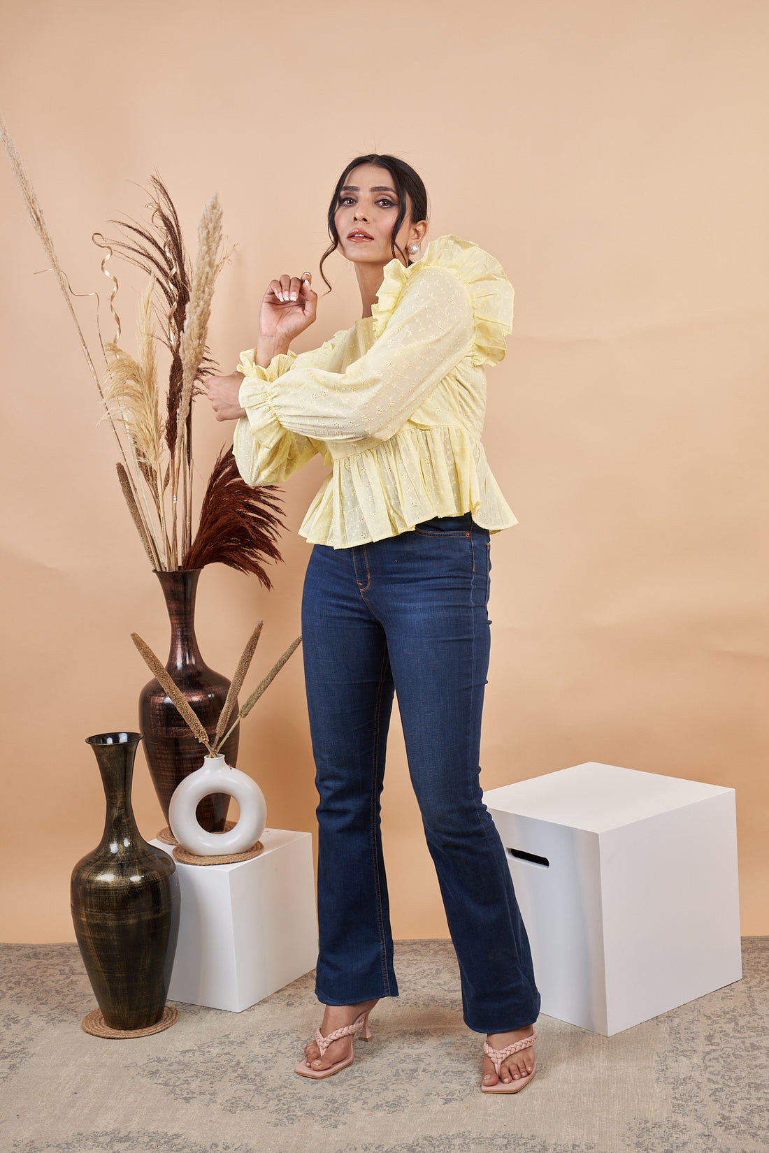 RY Self Design Puff Sleeves Schiffli Cinched Waist Top for Casual /Gift For Her