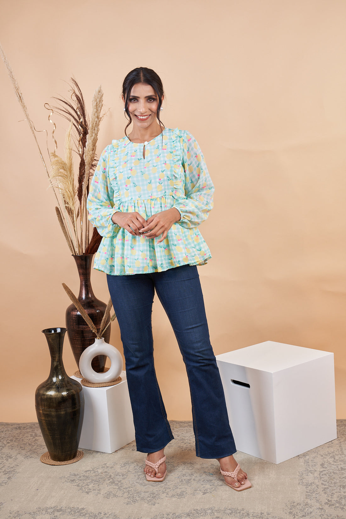 RY Puff Sleeves Floral Printed Top for Casual /Gift For Her
