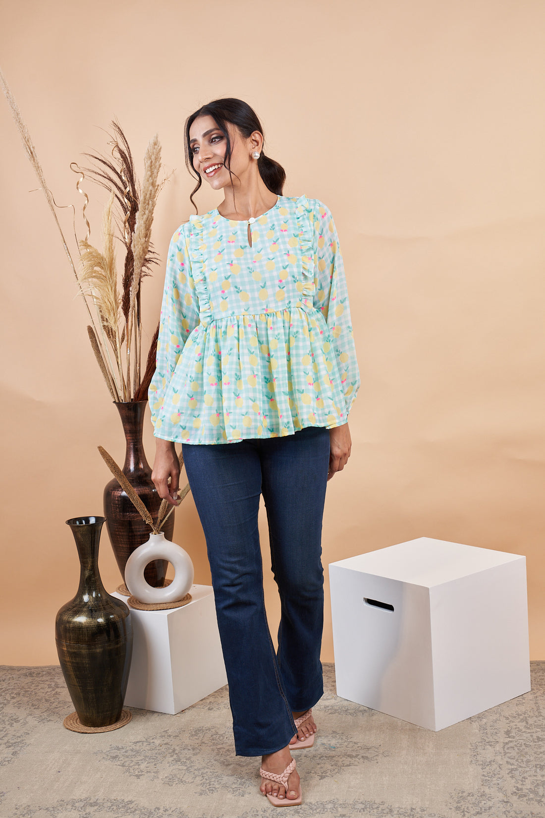 RY Puff Sleeves Floral Printed Top for Casual /Gift For Her
