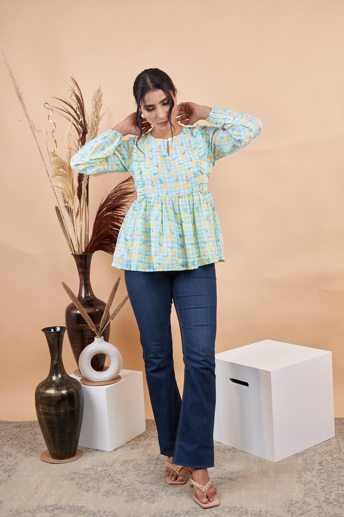 RY Puff Sleeves Floral Printed Top for Casual /Gift For Her