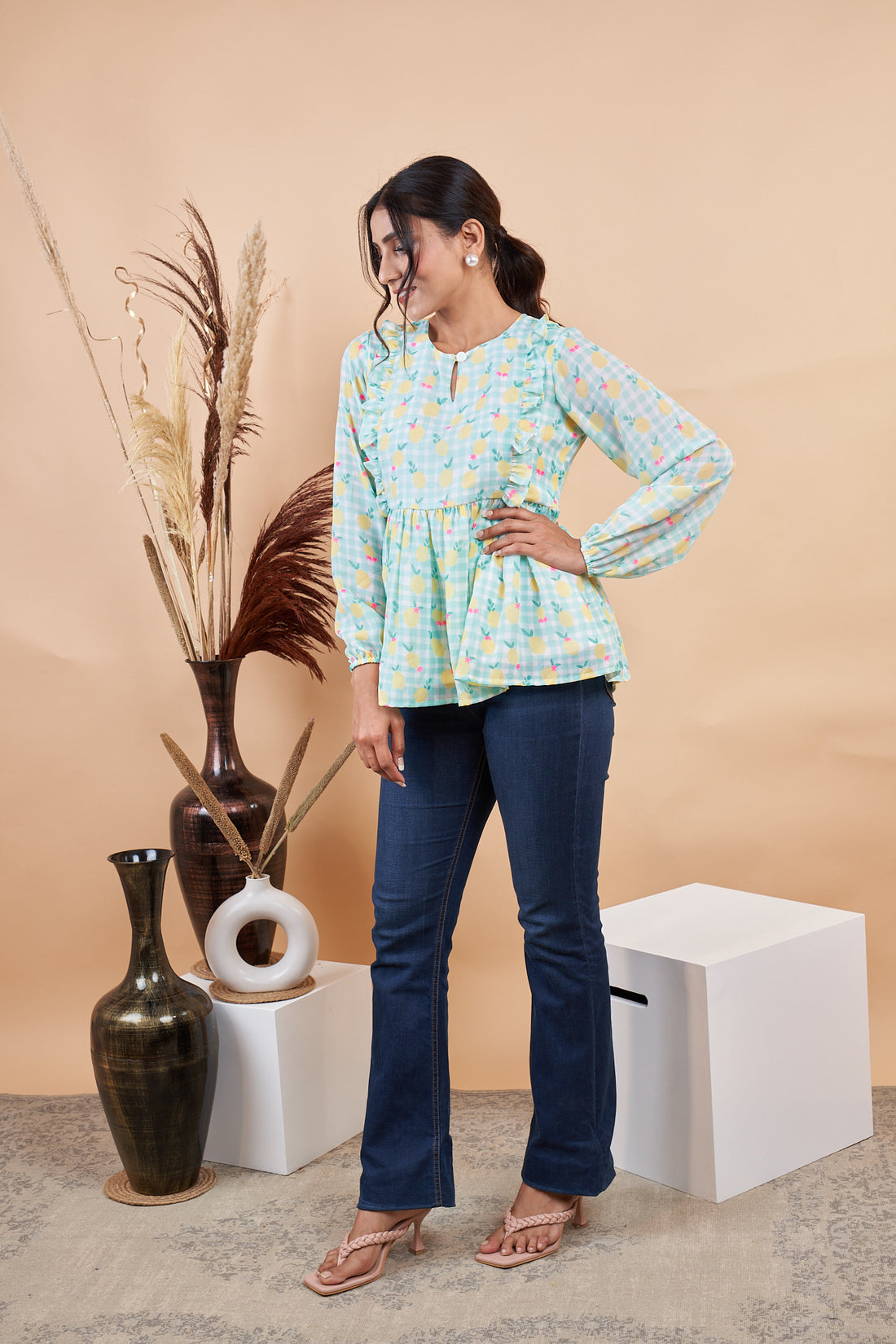 RY Puff Sleeves Floral Printed Top for Casual /Gift For Her