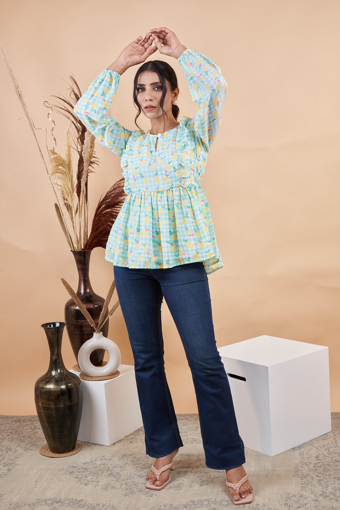 RY Puff Sleeves Floral Printed Top for Casual /Gift For Her