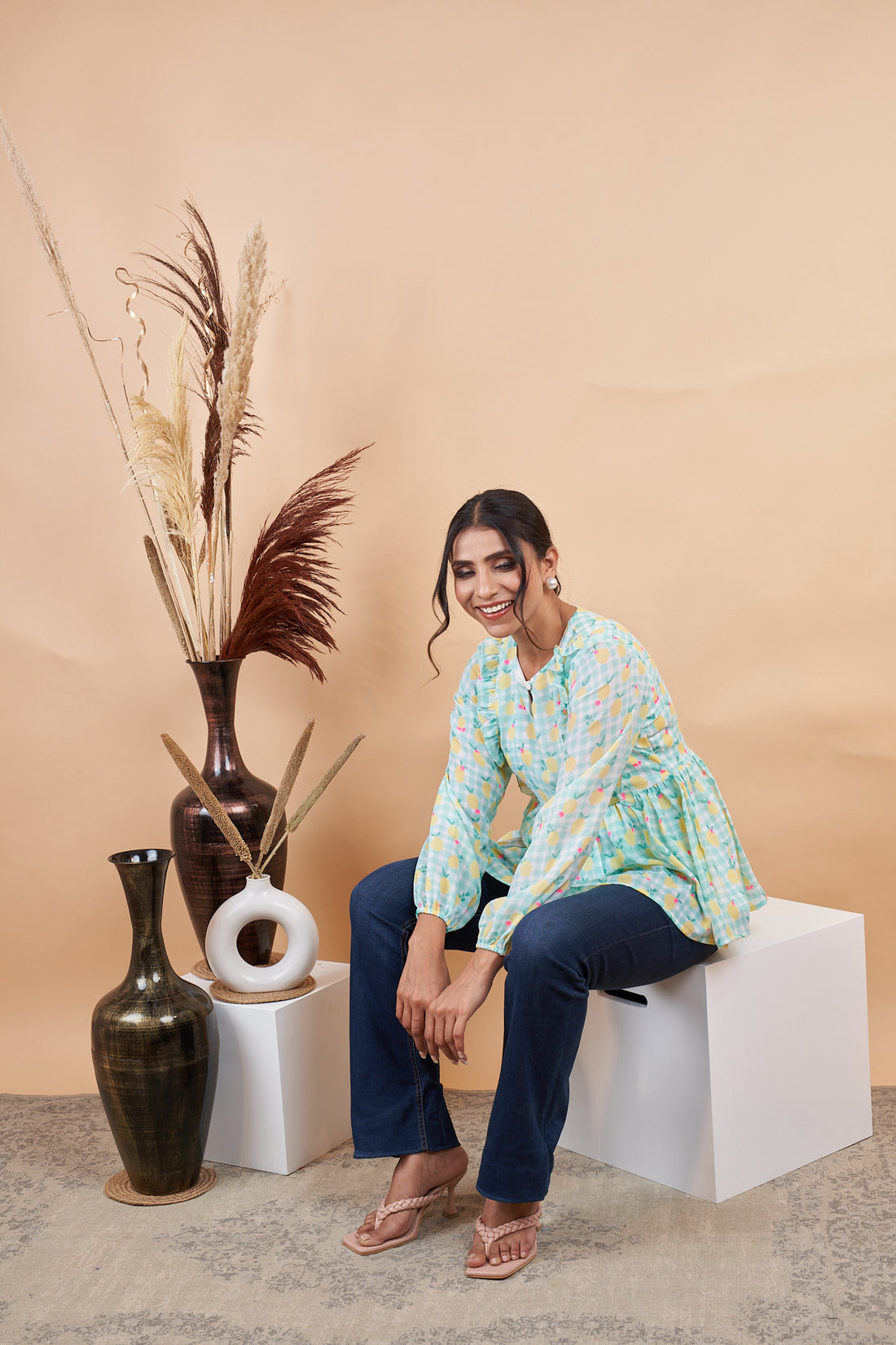 RY Puff Sleeves Floral Printed Top for Casual /Gift For Her