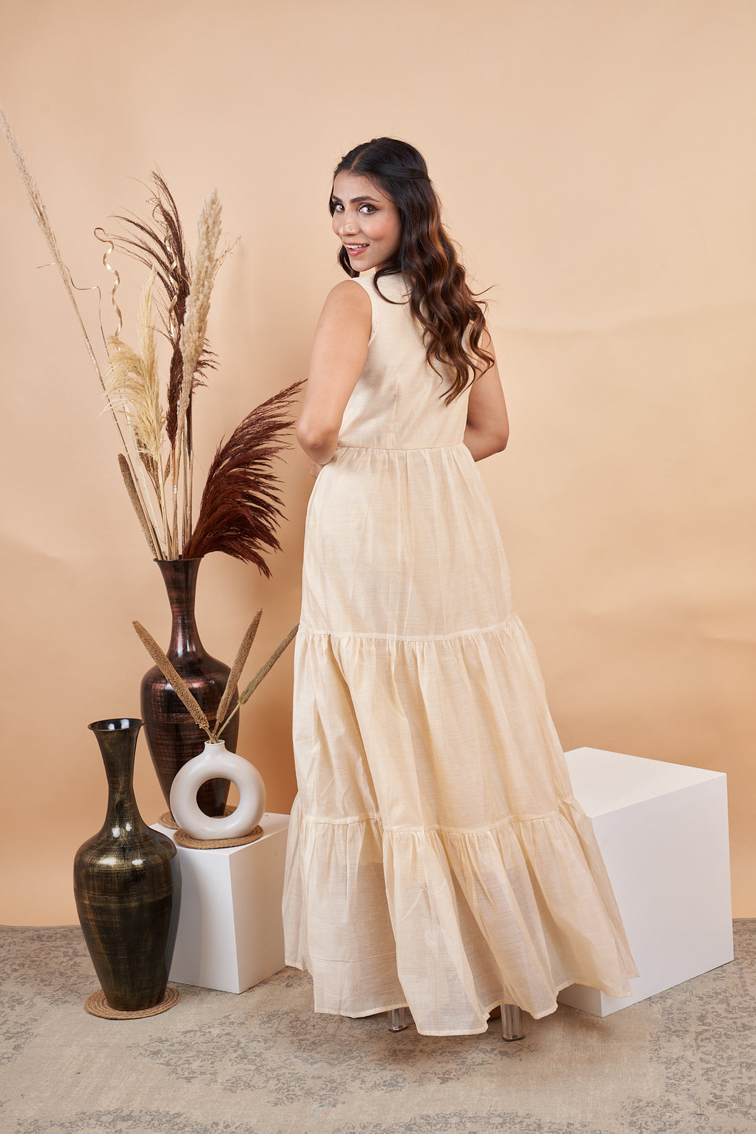 RY Off White Cotton Plain Dyed Gown for Special Ocasion /Gift For Birthday