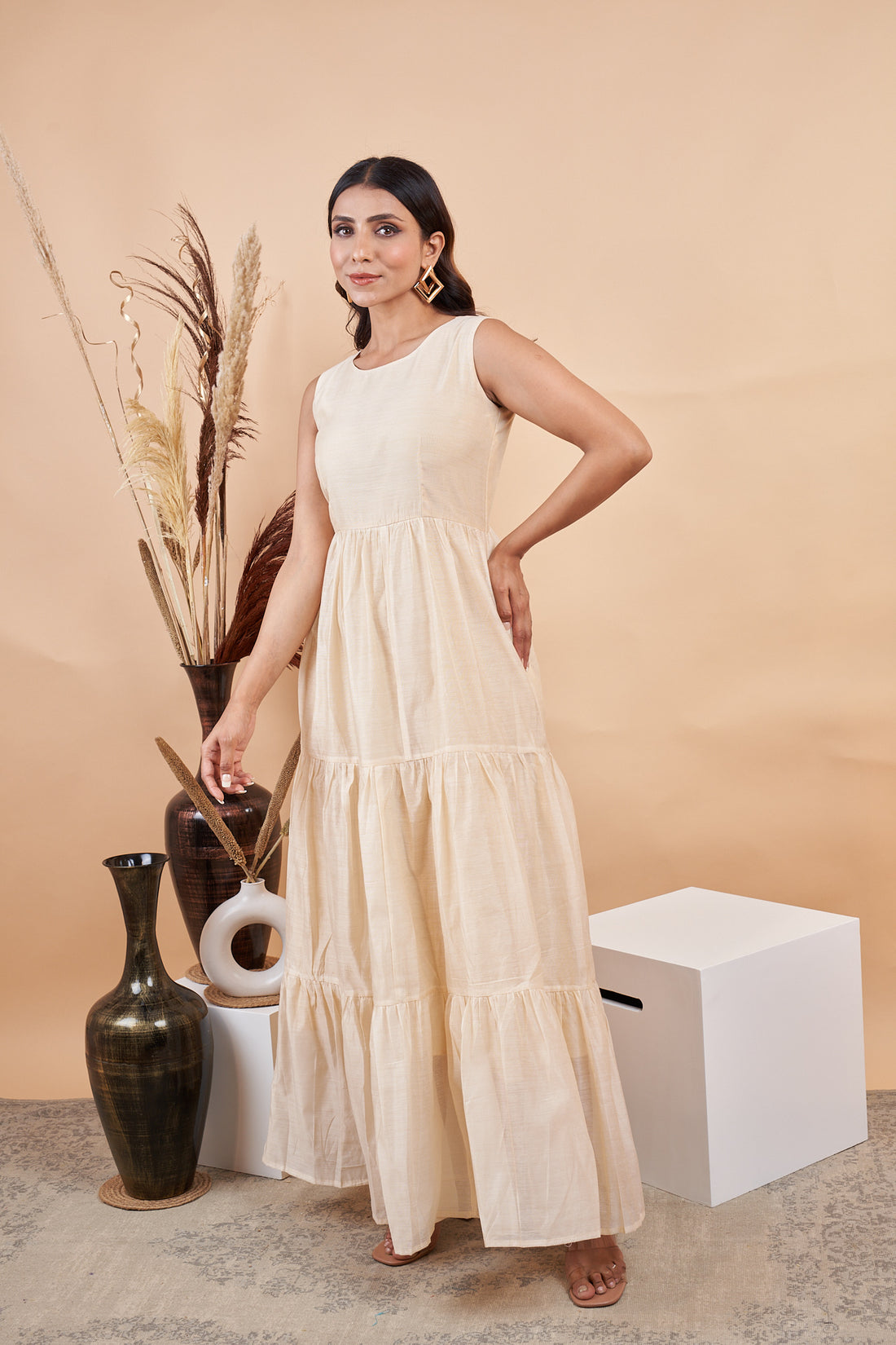 RY Off White Cotton Plain Dyed Gown for Special Ocasion /Gift For Birthday
