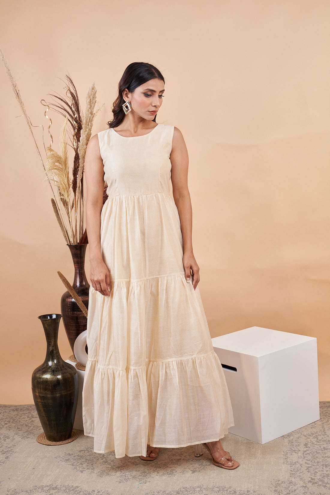 RY Off White Cotton Plain Dyed Gown for Special Ocasion /Gift For Birthday