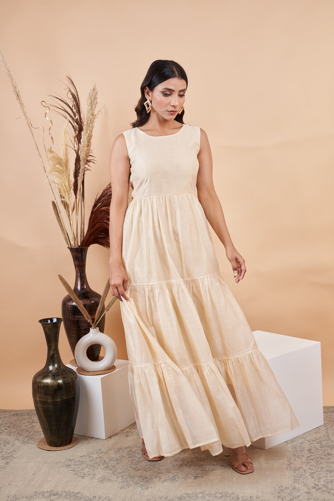 RY Off White Cotton Plain Dyed Gown for Special Ocasion /Gift For Birthday