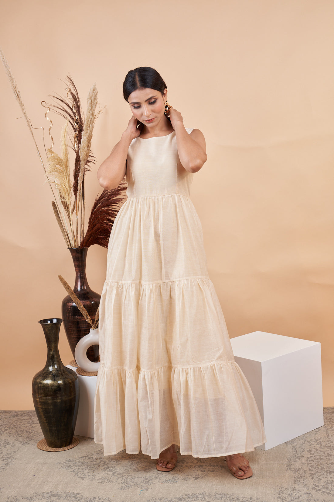 RY Off White Cotton Plain Dyed Gown for Special Ocasion /Gift For Birthday