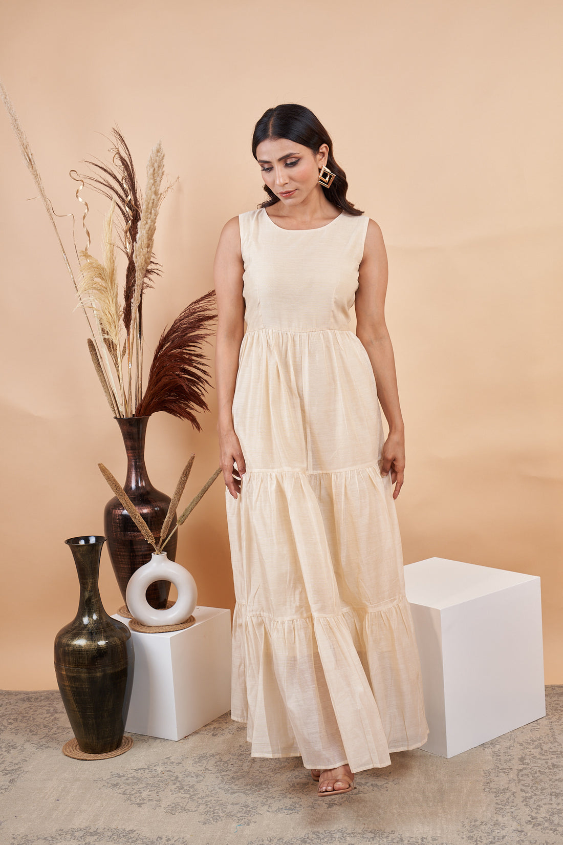RY Off White Cotton Plain Dyed Gown for Special Ocasion /Gift For Birthday